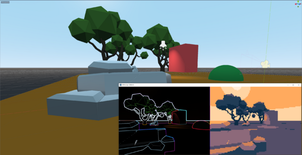 Screenshot within the Godot Game Engine featuring a 3d scene and two shader views