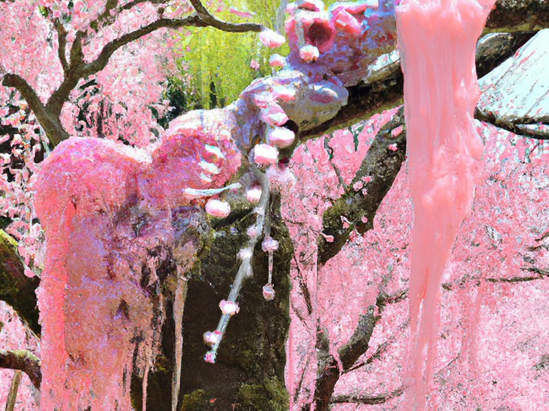 DALL·E 2022-12-06 03.19.13 - no-color slime dripping from the trees of the pink forest where pink peach blossoms are in full bloom.png