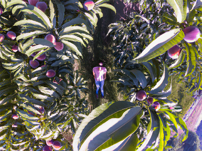 DALL·E 2022-12-06 06.40.12 - A drone shot of an overhead scene with a man in a peach grove looking at you through a mishmash of peach tree branches.png