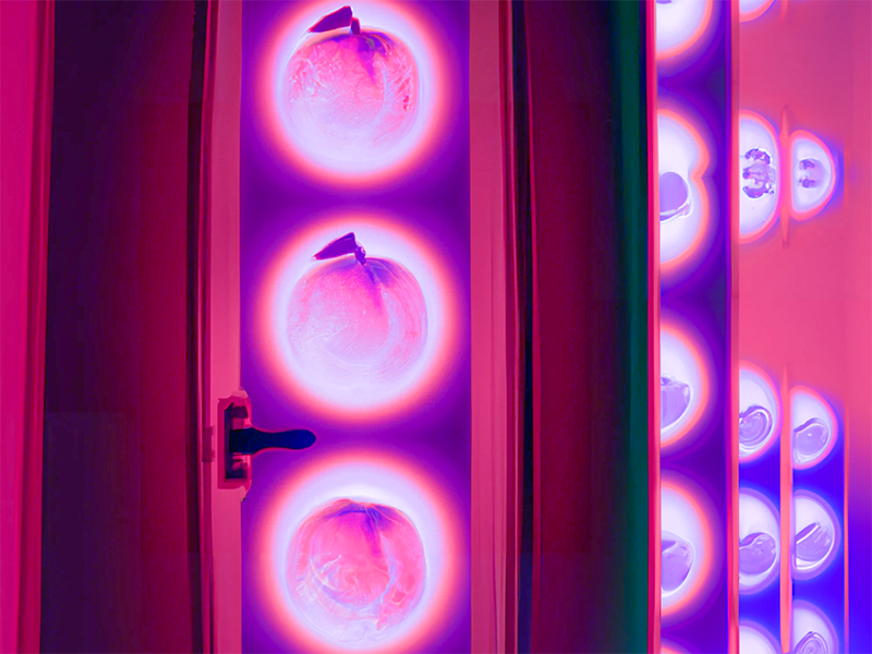 DALL·E 2022-12-06 06.04.28 - Some fractal chemical illusion images in the shape of peaches on the door, The door is lit by a pink backlight.png