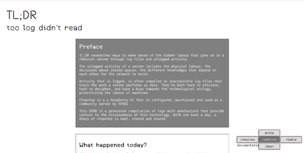 A screenshot of a webpage. In the top left corner, we read the title 'tl;dr too log didn't read'. In the center of the screen, there is a box with a preface. Below that there is another bigger box with the text 'what happened today?'