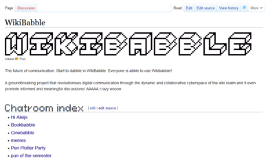 Screenshot of a state of the art instant communication platform WikiBabble. We see big lettering spelling this name, and a handful of links to chatrooms (btw this alt text is another level of communication, too!)