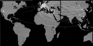 inverted scan of a world map with connecting lines and dots on it