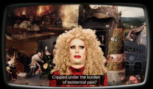 A screen shot image of a fabulous drag queen Katya's commercial
