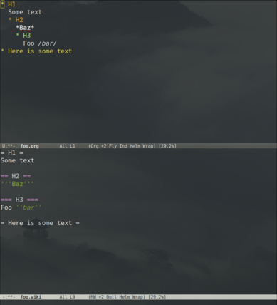 A screenshor of GNU Emacs with two buffers open. One buffer is in Org Mode and another is in Mediawiki mode.