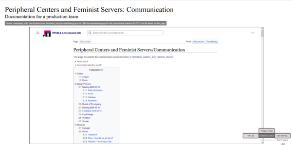 A screenshot of a webpage. In the top left corner, we read the title 'Peripheral Centers and Feminist Servers: Communication; Documentation for a production team'. In the center of the screen, there is a wiki page embedded with a documentation page