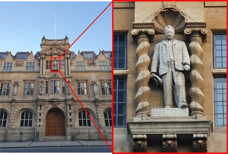 File:Facade of Oriel College with the Cecil Rhodes Statue magnified.jpg