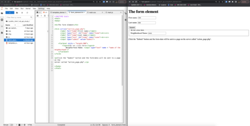 a screenshot of jupyternote book and the html browser. In the code, I used <form>tag, <label>tag, <input>tag, <field>set