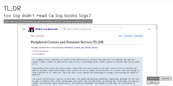 A screenshot of a webpage. In the top left corner, we read the title 'tl;dr too log didn't read'. In the center of the screen, there is a big box that displays another website: the wiki page documenting the tl;dr project