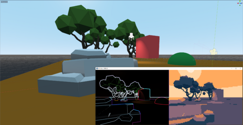 Screenshot within the Godot Game Engine featuring a 3d scene and two shader views