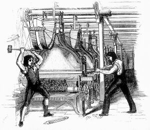 Line drawing of men destroying factory equipement with hammers